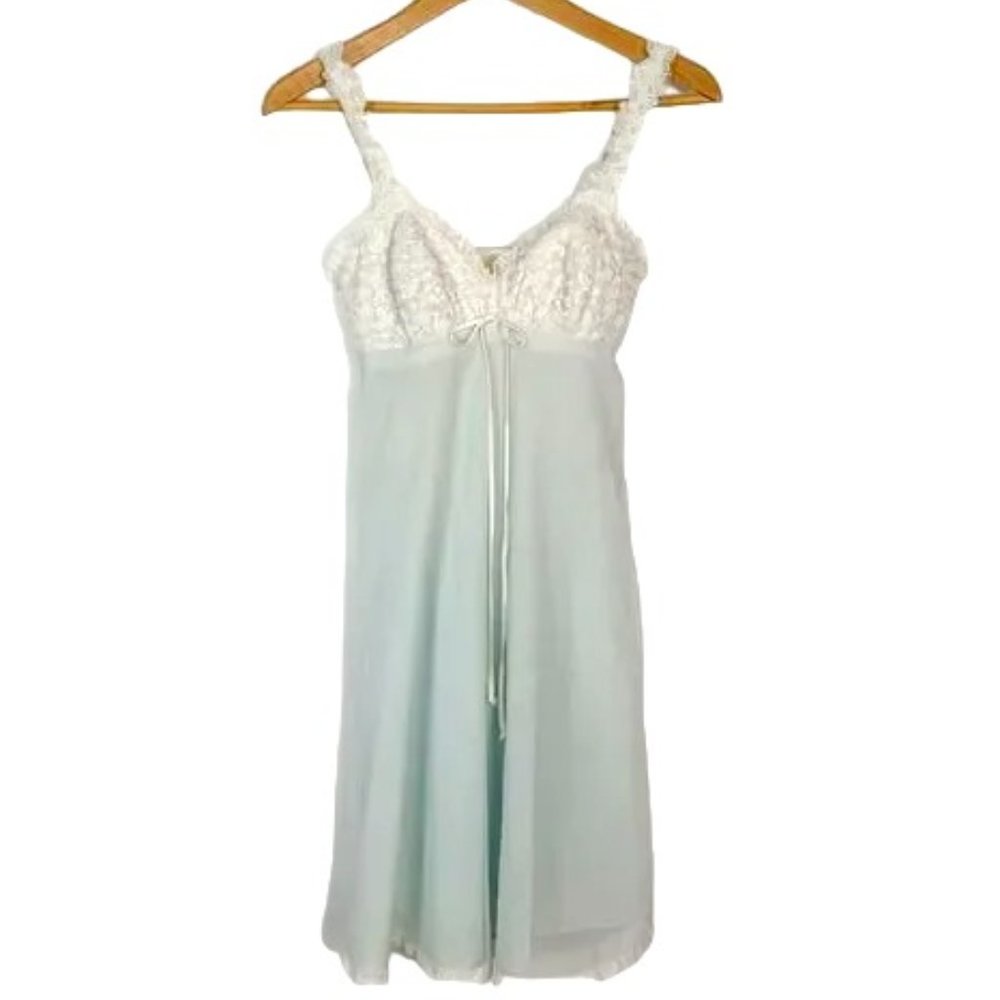 VTG Olga 1970s/1980s Soft Blue White Floral Lace Chiffon Sheer Short Nightgown
